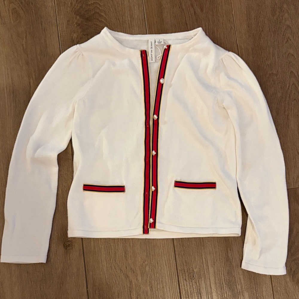 Janie and Jack White Cardigan with Red and Blue Trim